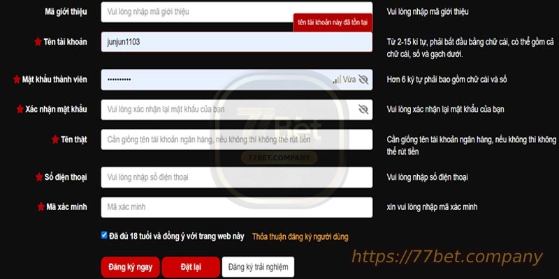 Hướng dẫn đăng ký tài khoản 77Bet siêu nhanh siêu đơn giản 1 Biểu mẫu đăng ký tài khoản 77Bet